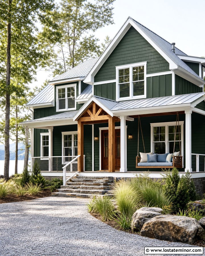 Forest Green Lake House With Swing Daybed - 30 Forest Green House Design With Daybed Ideas