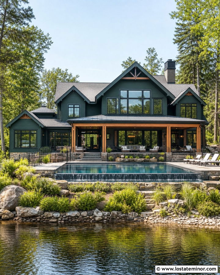Forest Green Lake House With Vanishing Edge Pool - 30 Forest Green House Design With Swimming Pool Ideas