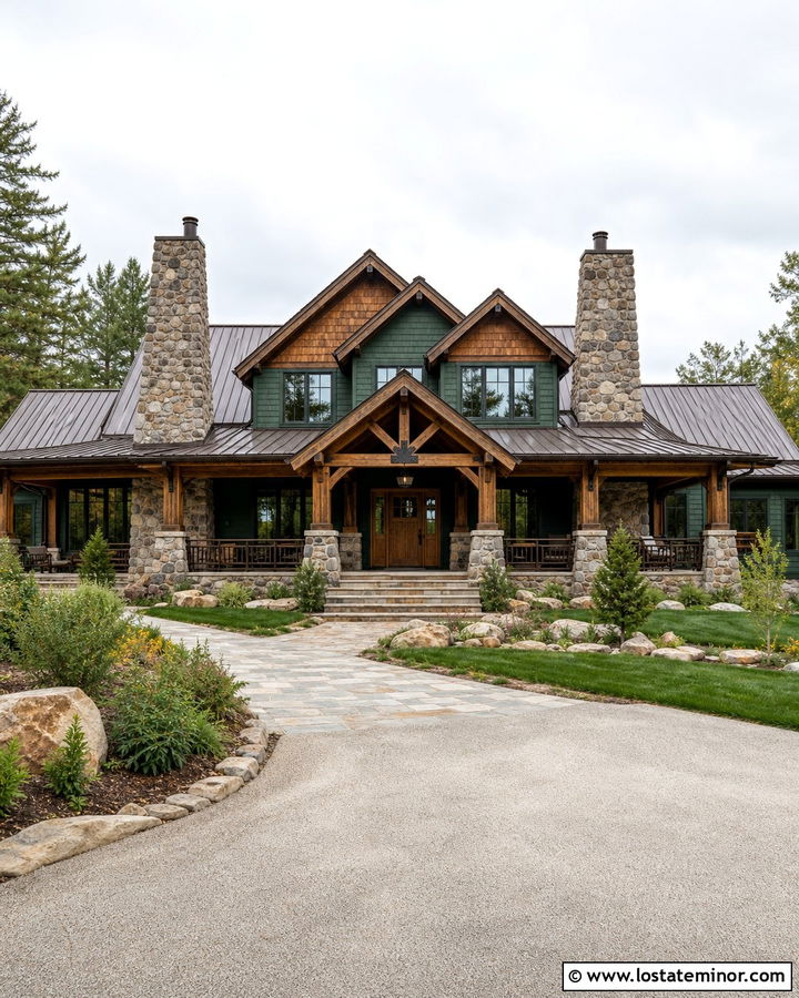 Forest Green Lodge With Dual Stone Chimneys - 30 Forest Green House Design With Chimney Ideas