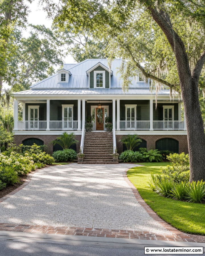 Forest Green Lowcountry House With Oyster Shell Driveway - 30 Forest Green House Design With Driveway Ideas
