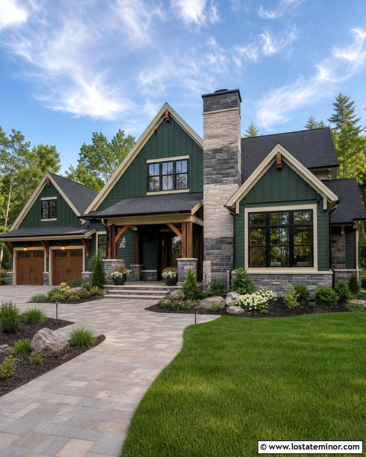Forest Green Luxury House With Mixed Masonry Chimney - 30 Forest Green House Design With Chimney Ideas
