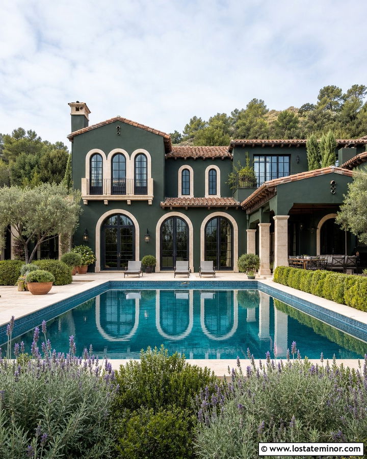 Forest Green Mediterranean House With Courtyard Pool - 30 Forest Green House Design With Swimming Pool Ideas