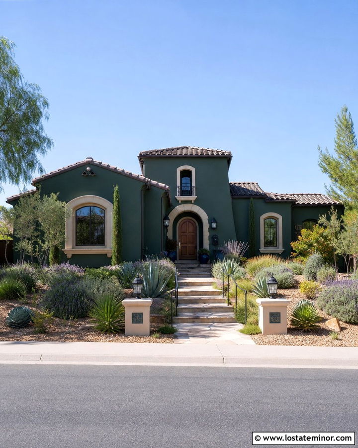 Forest Green Mediterranean House With Drought Tolerant Yard - 30 Forest Green House Design With Front Yard Ideas