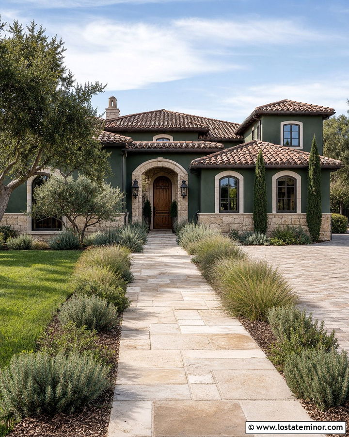 Forest Green Mediterranean House With Limestone - 30 Forest Green House Design With Stone Accents Ideas