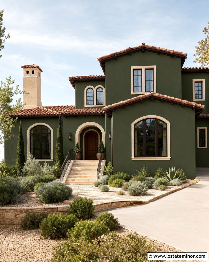 Forest Green Mediterranean House With Stucco Chimney - 30 Forest Green House Design With Chimney Ideas