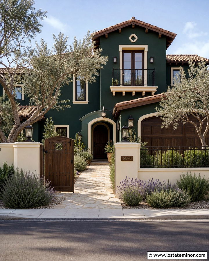 Forest Green Mediterranean House With Stucco Fence - 30 Forest Green House Design With Fence Ideas