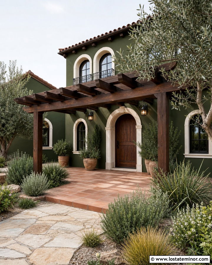 Forest Green Mediterranean House With Timber Pergola - 30 Forest Green House Design With Pergola Ideas
