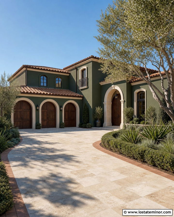 Forest Green Mediterranean House With Travertine Driveway - 30 Forest Green House Design With Driveway Ideas