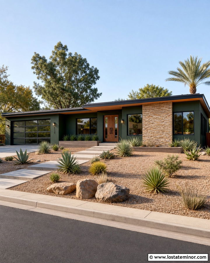 Forest Green Midcentury House With Desert Landscaping - 30 Forest Green House Design With Front Yard Ideas