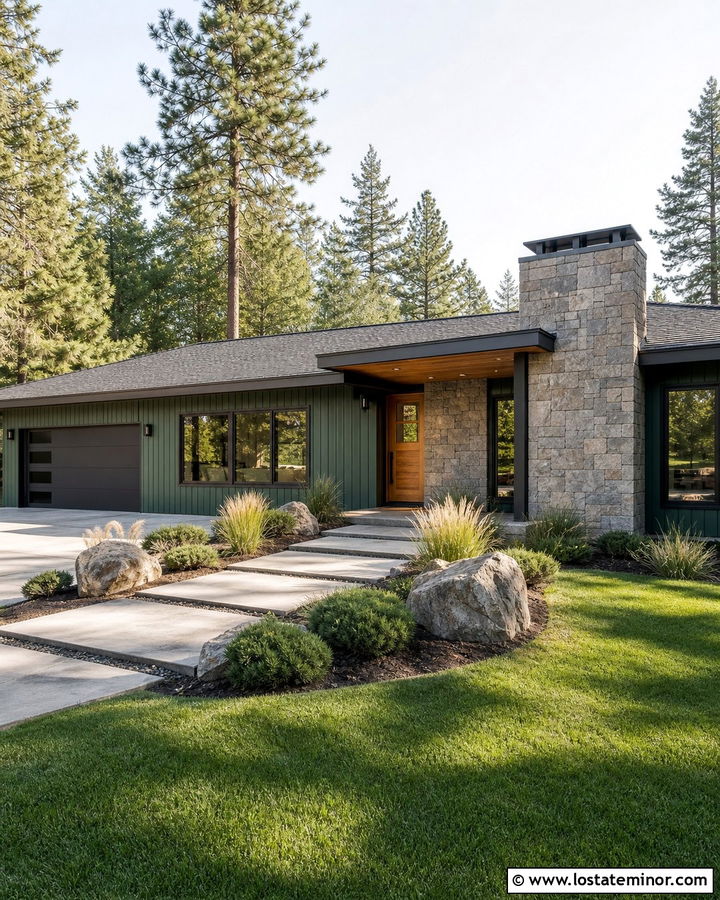 Forest Green Midcentury House With Flagstone - 30 Forest Green House Design With Stone Accents Ideas
