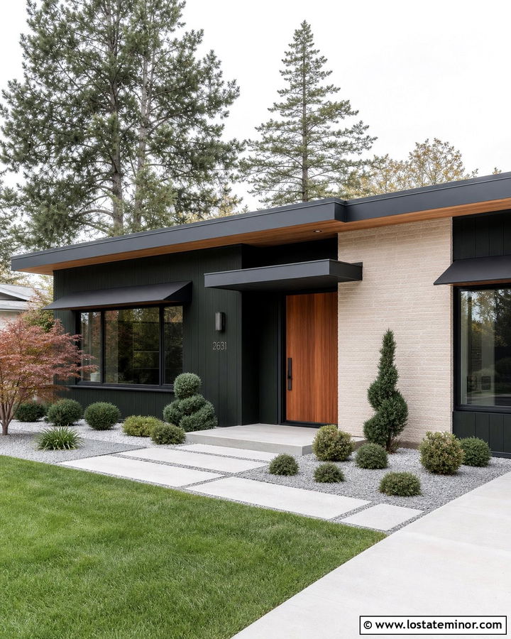 Forest Green Midcentury House With Flat Metal Awnings - 30 Forest Green House Design With Awning Ideas