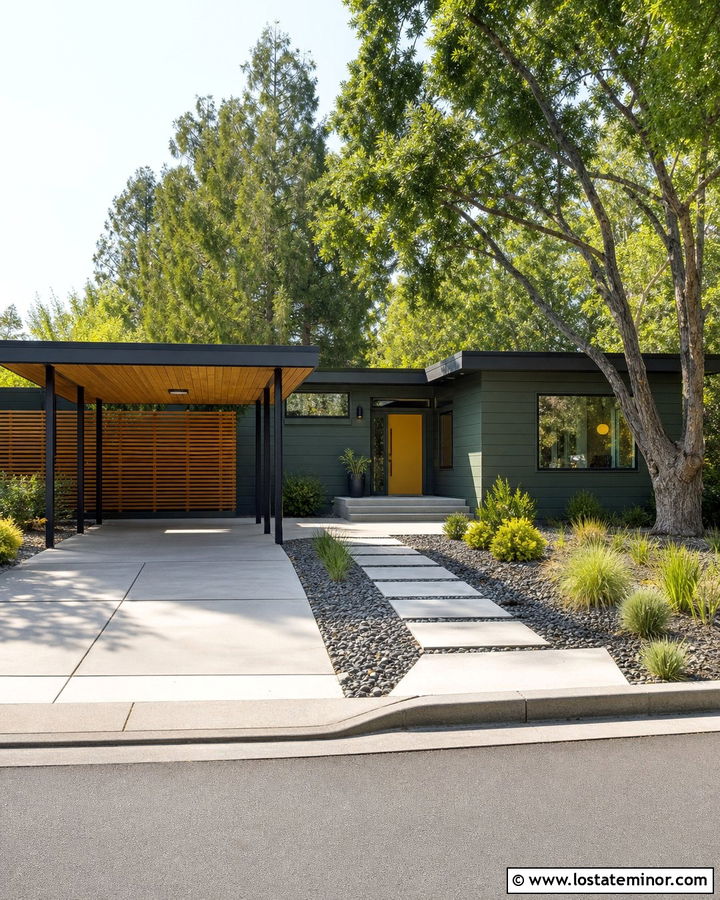 Forest Green Midcentury House With Flat Roof Carport - 30 Forest Green House Design With Carport Ideas