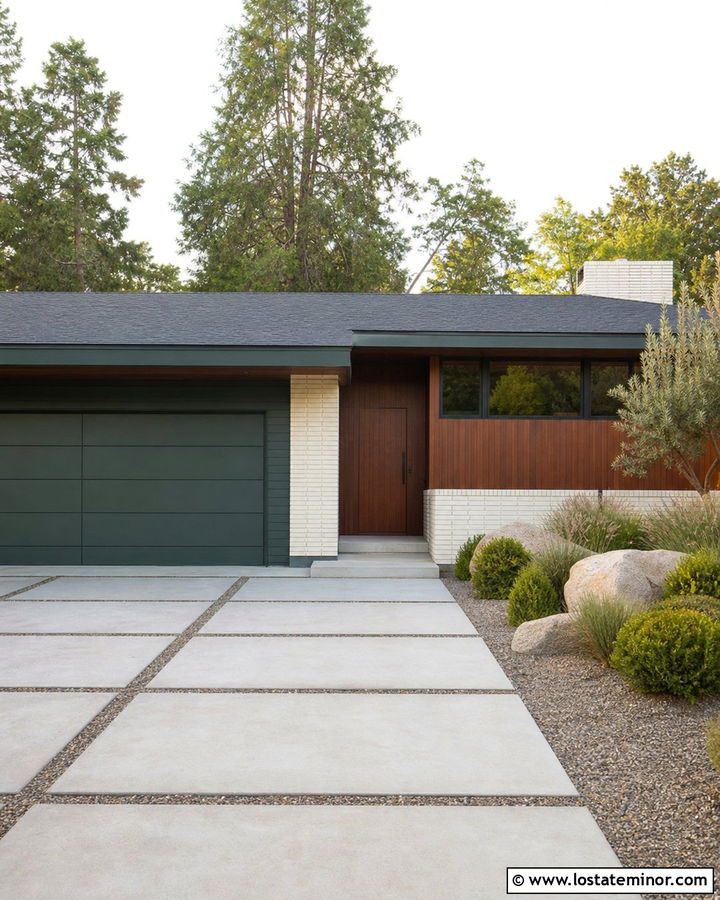 Forest Green Midcentury House With Geometric Driveway - 30 Forest Green House Design With Driveway Ideas