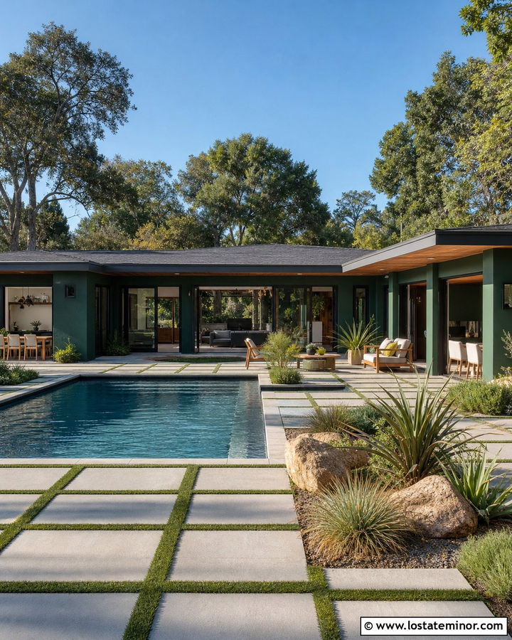 Forest Green Midcentury House With Geometric Pool - 30 Forest Green House Design With Swimming Pool Ideas