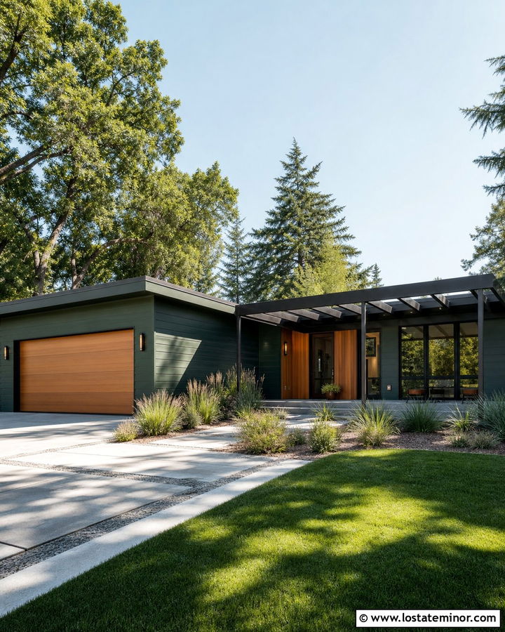 Forest Green Midcentury House With Metal Pergola - 30 Forest Green House Design With Pergola Ideas