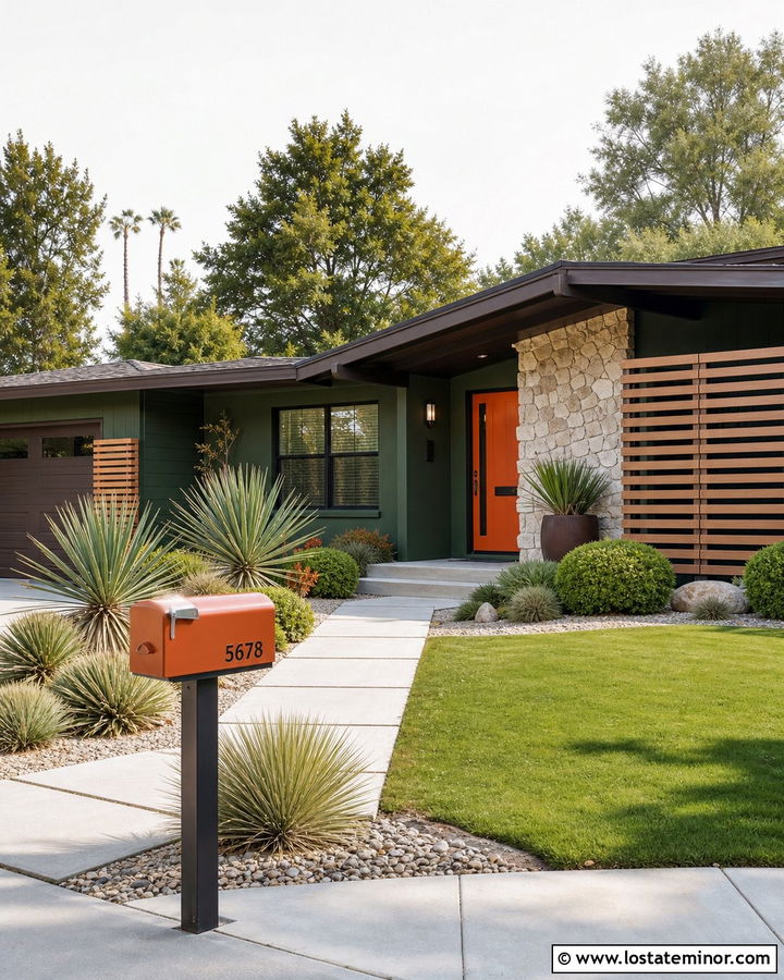 Forest Green Midcentury House With Orange Mailbox - 30 Forest Green House Design With Mailbox Ideas