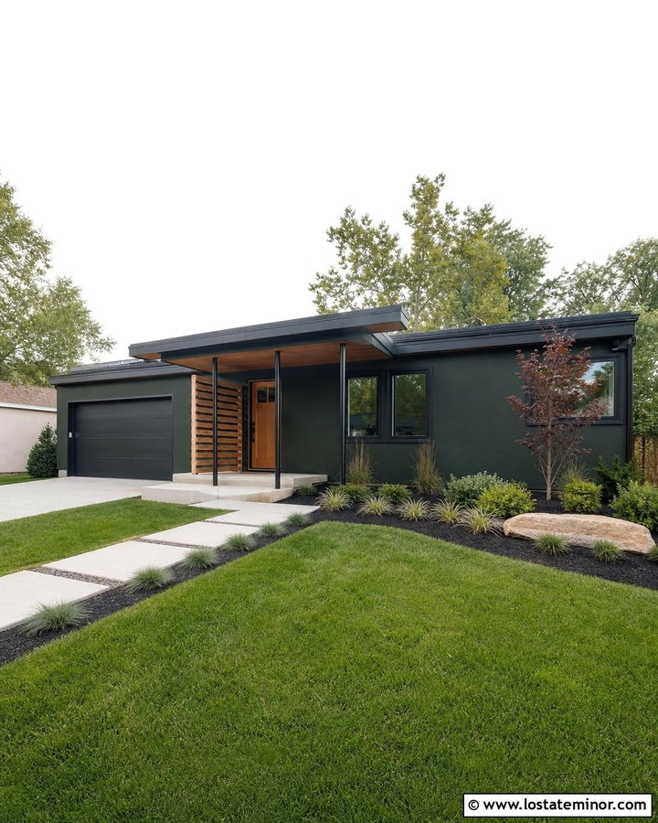 Forest Green Midcentury House With Shed Roof Porch - 30 Forest Green House Design With Front Porch Ideas