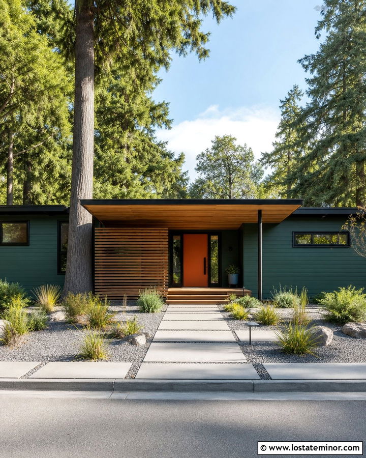 Forest Green Midcentury House With Slatted Portico - 30 Forest Green House Design With Portico Ideas
