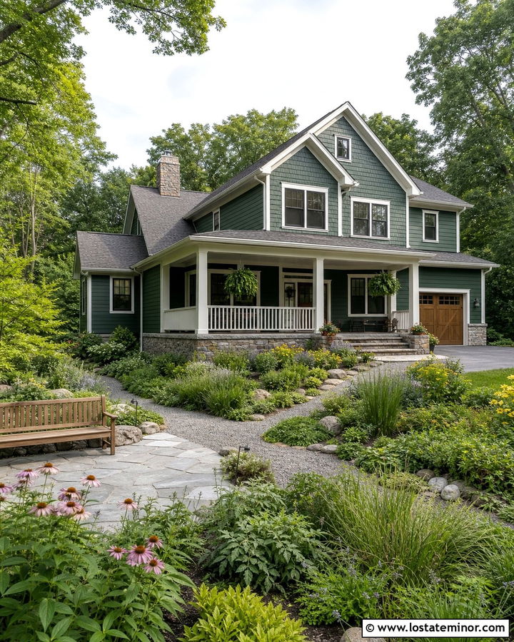 Forest Green Mixed Siding House With Native Garden - 30 Forest Green House Design With Backyard Ideas