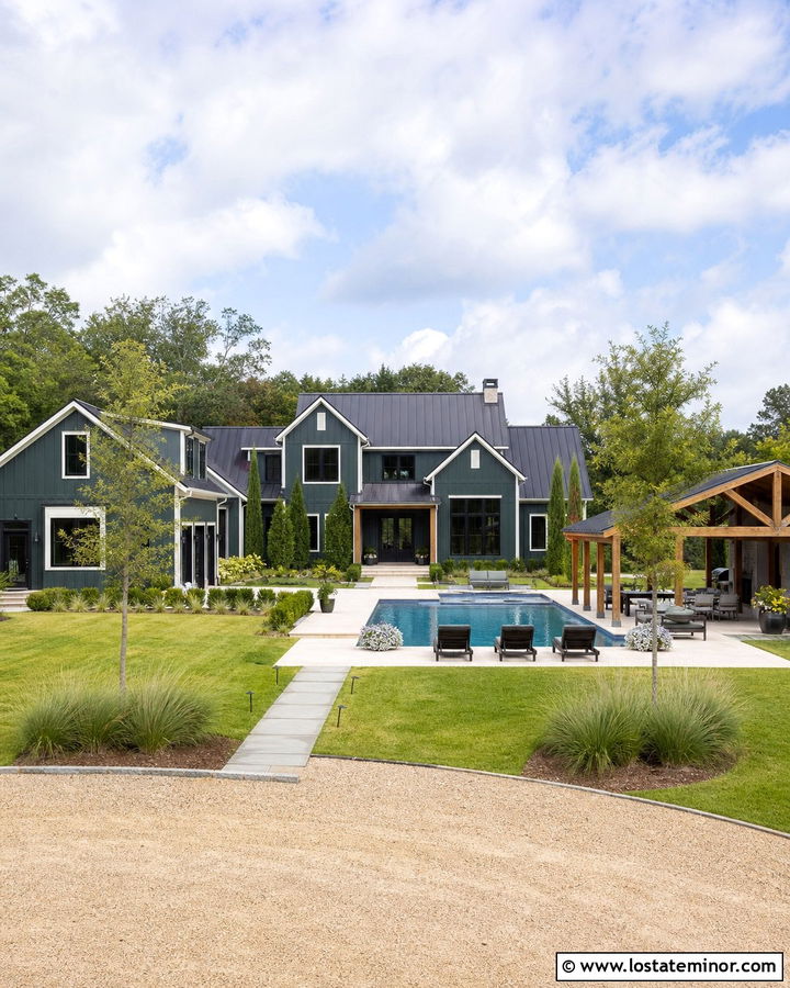 Forest Green Modern Farmhouse With Backyard Pool - 30 Forest Green House Design With Backyard Ideas