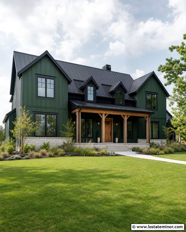 Forest Green Modern Farmhouse With Black Dormers - 30 Forest Green House Design With Dormers Ideas