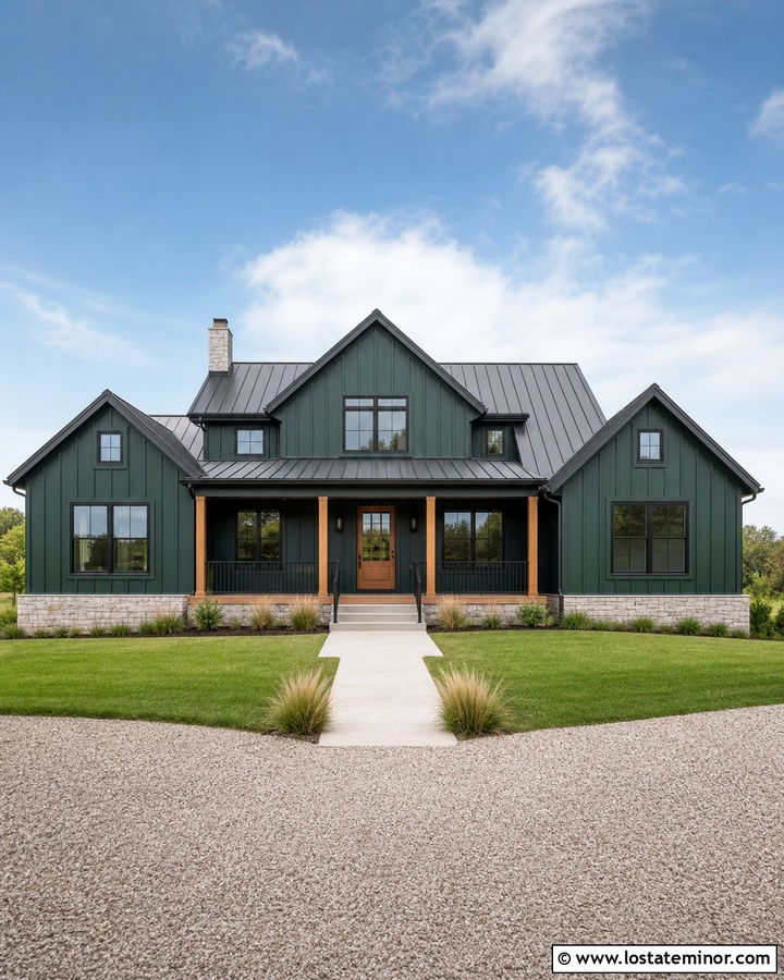Forest Green Modern Farmhouse With Black Railings - 30 Forest Green House Design With Railings Ideas