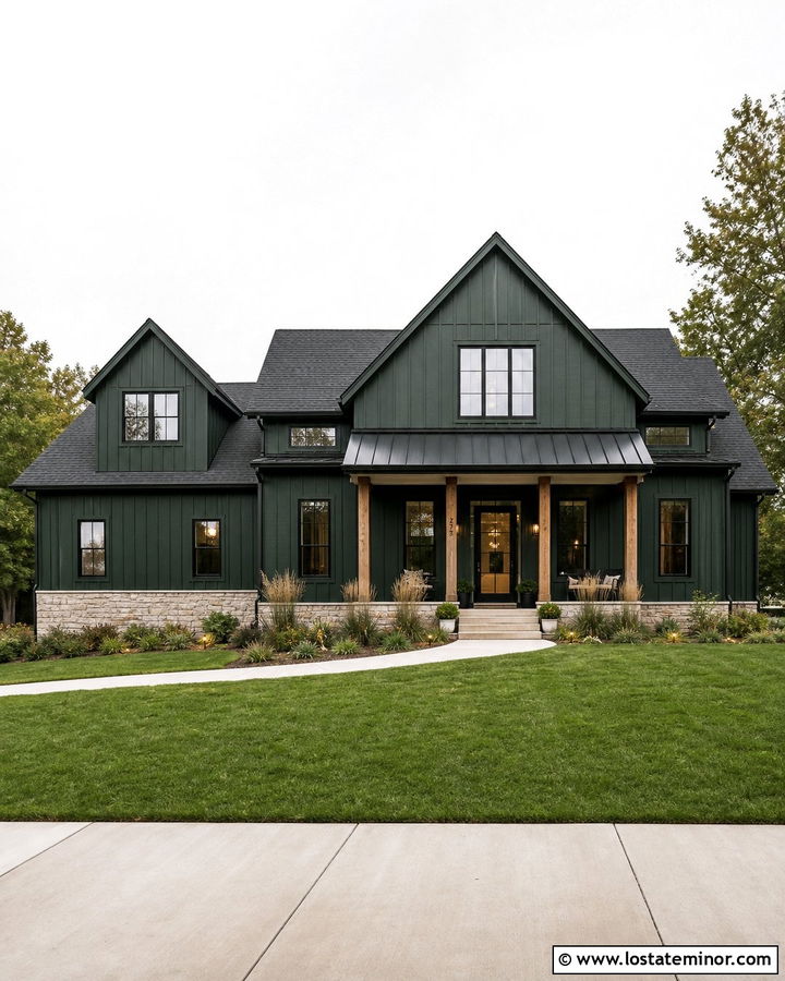Forest Green Modern Farmhouse With Black Storm Door - 30 Forest Green House Design With Storm Door Ideas