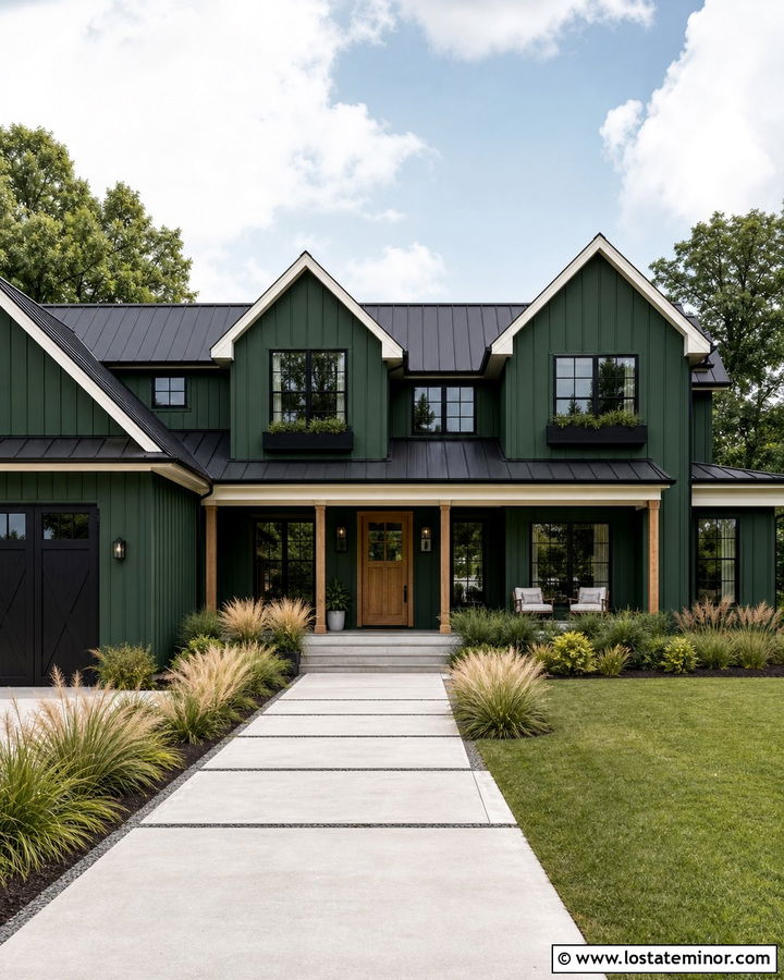 Forest Green Modern Farmhouse With Black Window Boxes - 30 Forest Green House Design With Window Boxes Ideas