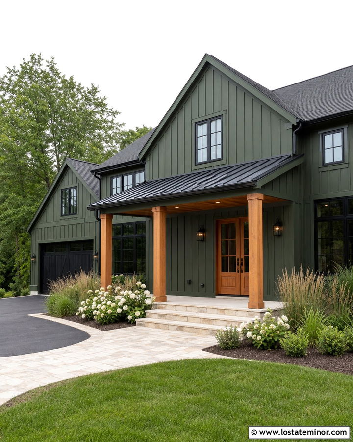 Forest Green Modern Farmhouse With Cedar Columns - 30 Forest Green House Design With Porch Columns Ideas