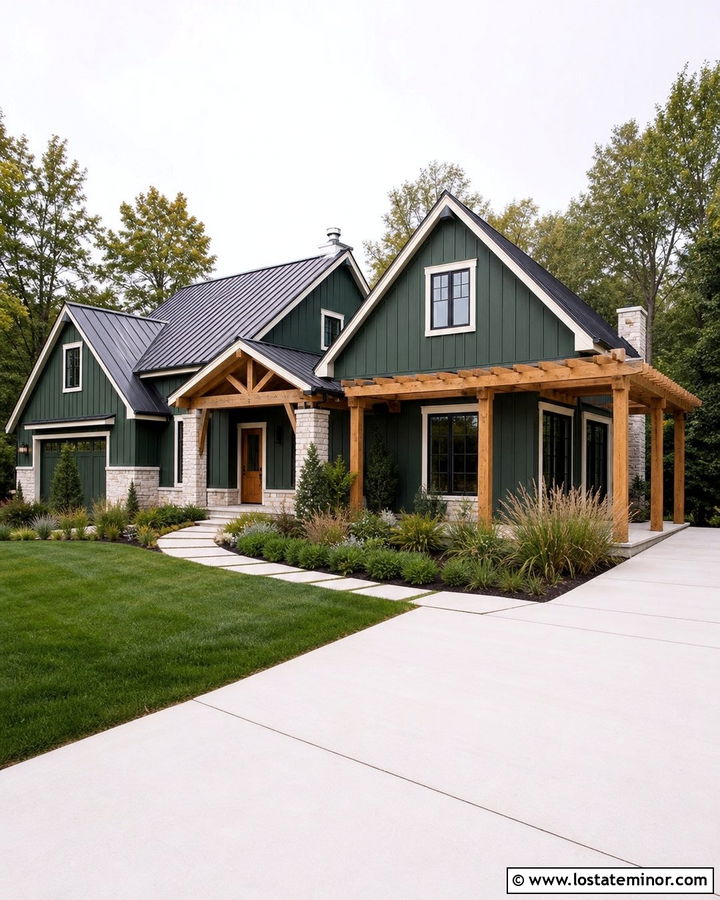 Forest Green Modern Farmhouse With Cedar Pergola - 30 Forest Green House Design With Pergola Ideas