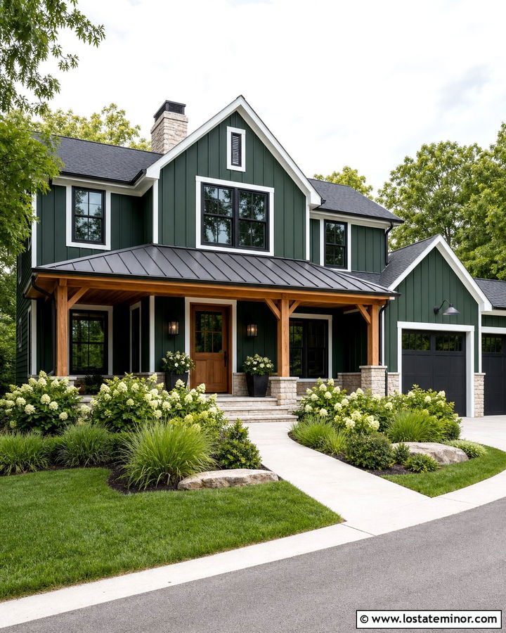 Forest Green Modern Farmhouse With Cedar Porch Ceiling - 30 Forest Green House Design With Porch Ceiling Ideas