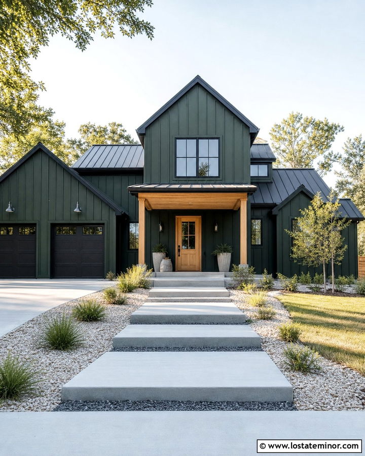 Forest Green Modern Farmhouse With Floating Concrete Steps - 30 Forest Green House Design With Steps Ideas