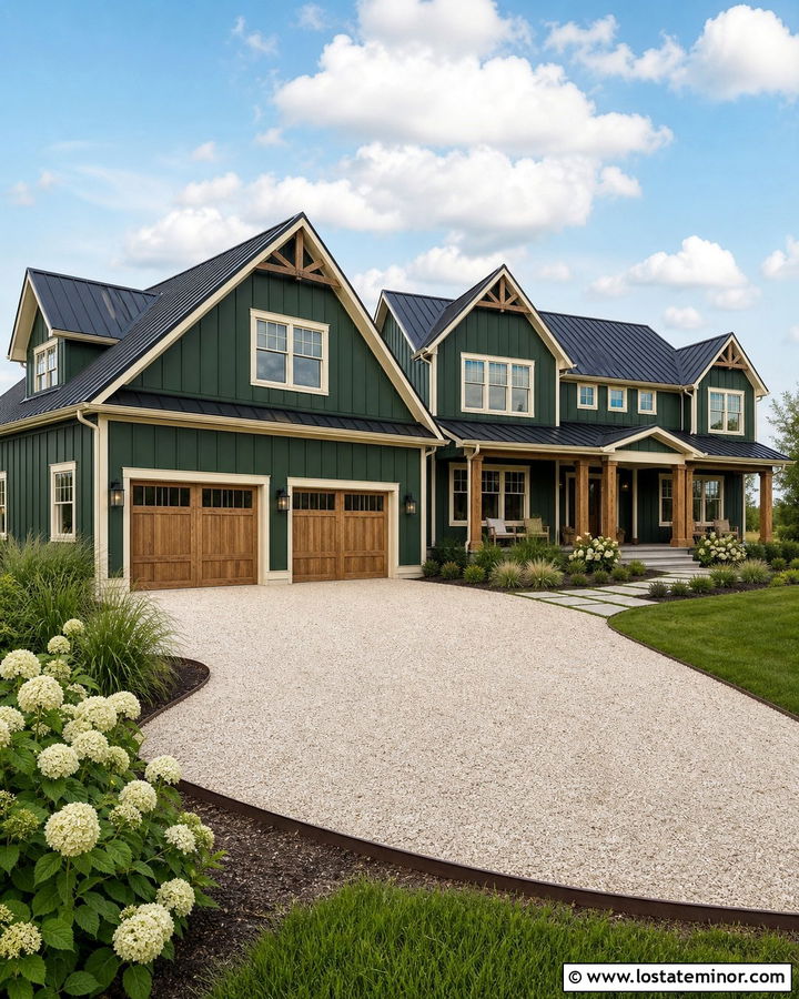 Forest Green Modern Farmhouse With Gravel Driveway - 30 Forest Green House Design With Driveway Ideas
