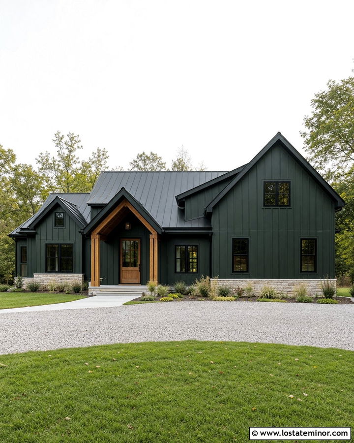 Forest Green Modern Farmhouse With Metal Portico - 30 Forest Green House Design With Portico Ideas