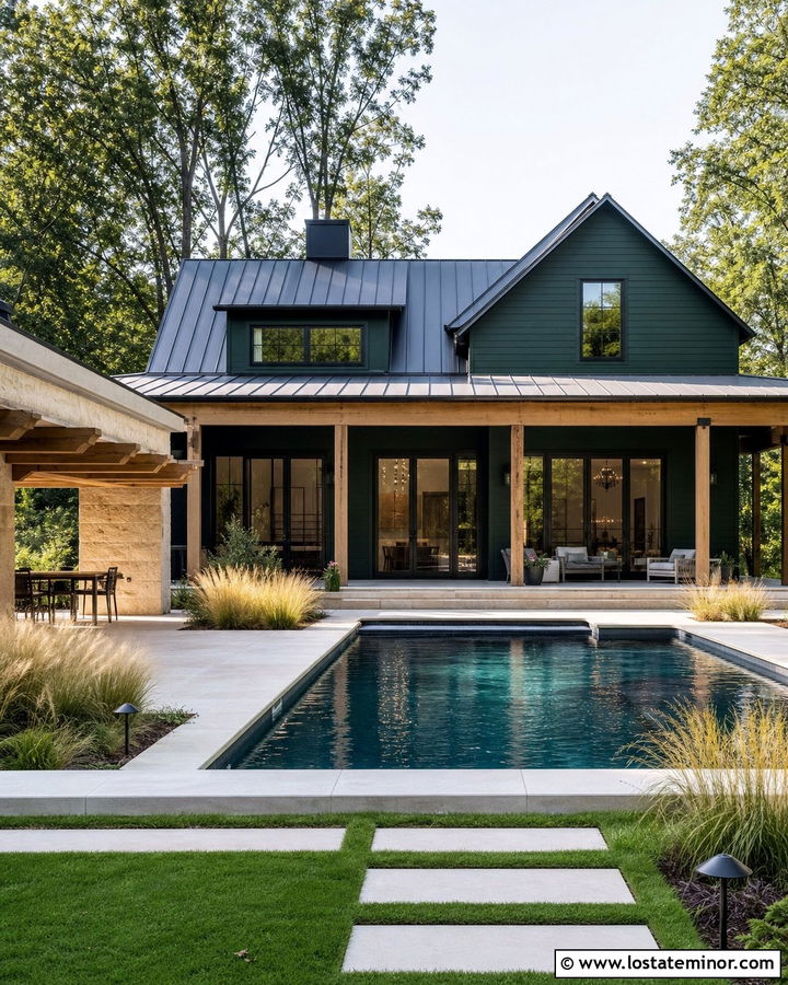 Forest Green Modern Farmhouse With Rectangular Pool - 30 Forest Green House Design With Swimming Pool Ideas