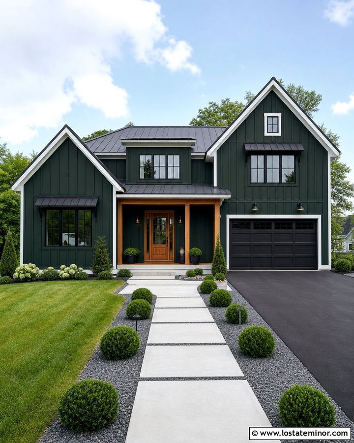 Forest Green Modern Farmhouse With Shed Roof Awnings - 30 Forest Green House Design With Awning Ideas
