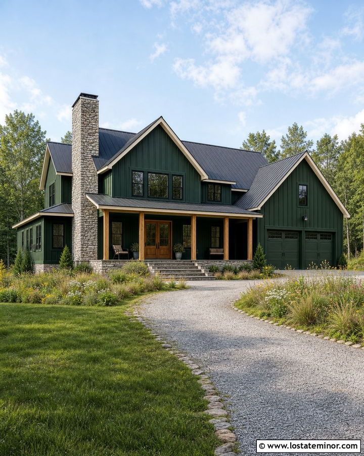 Forest Green Modern Farmhouse With Stone Chimney - 30 Forest Green House Design With Chimney Ideas