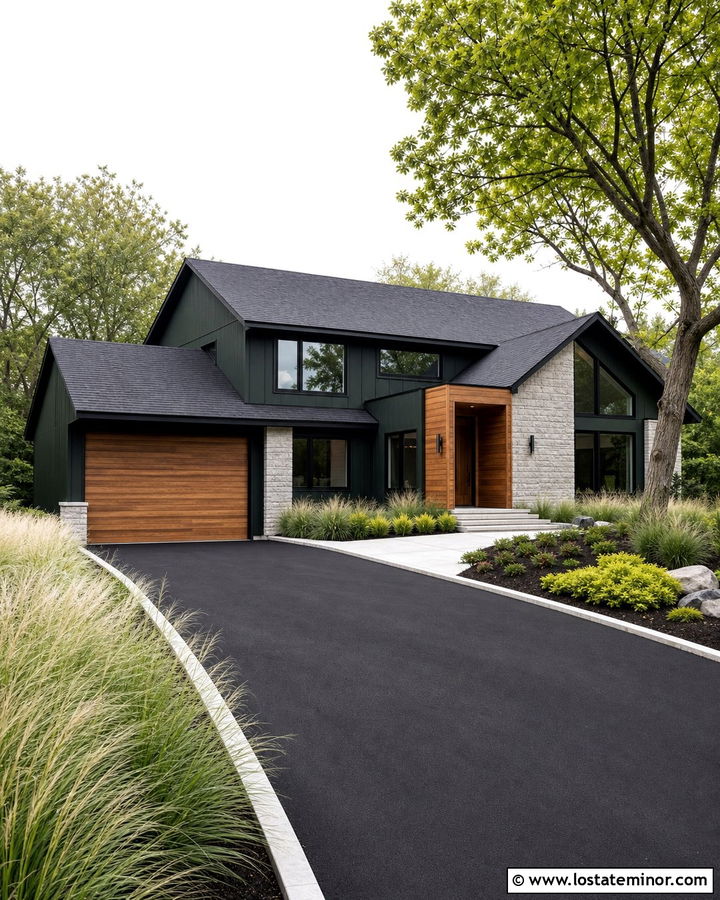Forest Green Modern House With Black Asphalt Driveway - 30 Forest Green House Design With Driveway Ideas