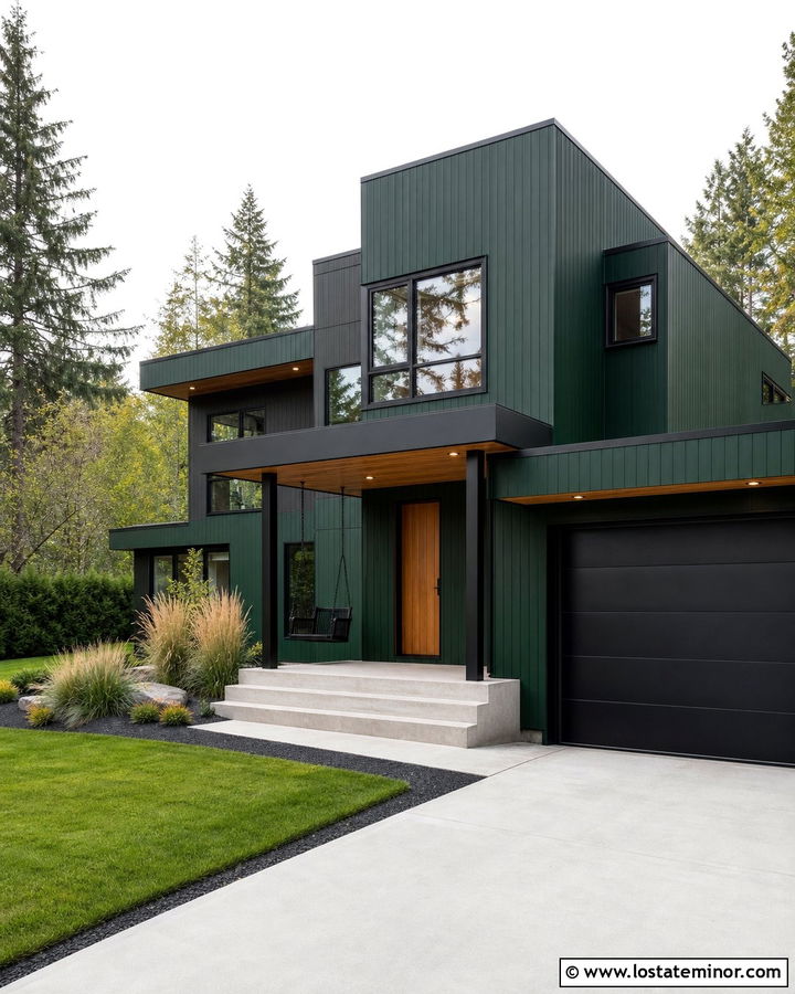 Forest Green Modern House With Black Swing - 30 Forest Green House Design With Swing Ideas