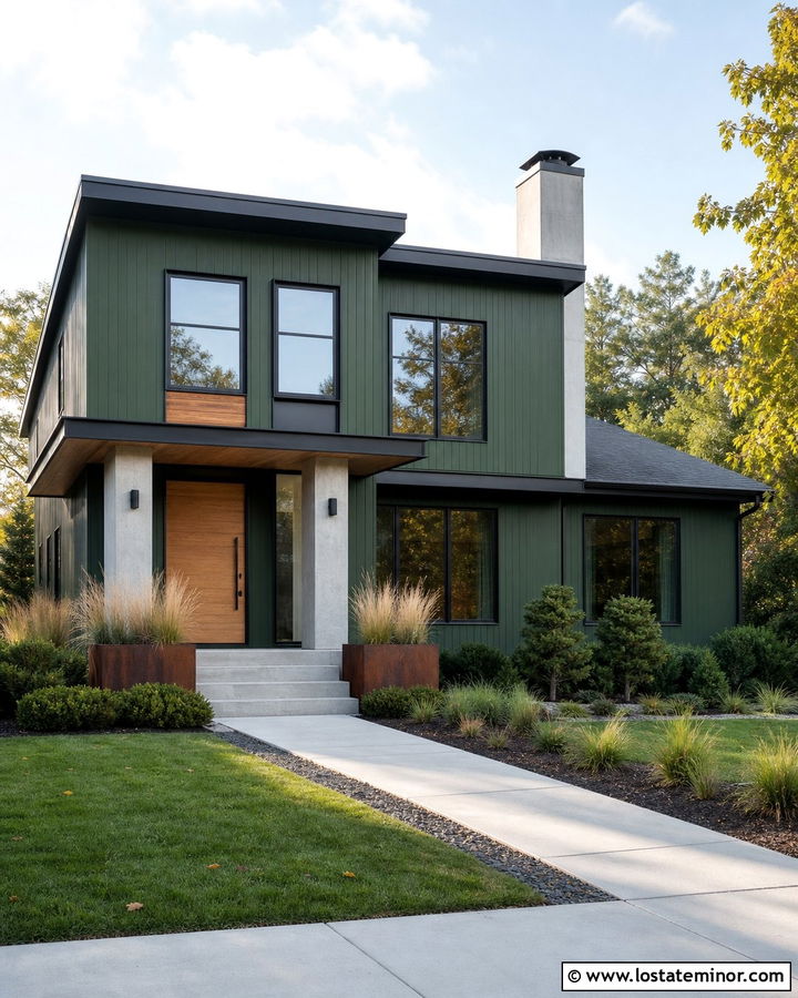 Forest Green Modern House With Concrete Columns - 30 Forest Green House Design With Porch Columns Ideas