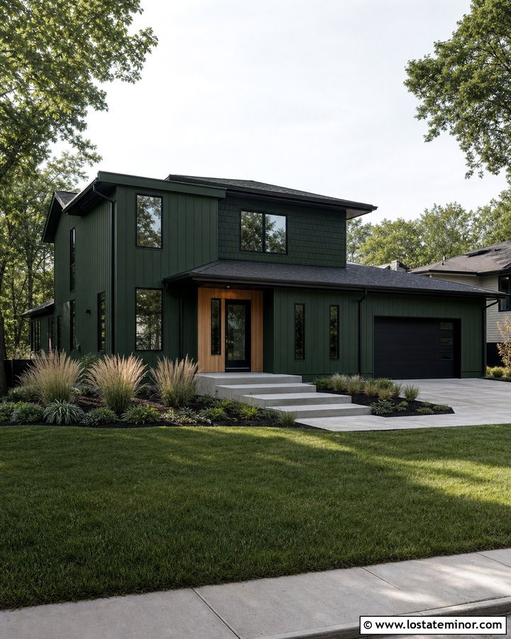 Forest Green Modern House With Flat Shingle Rooflines - 30 Forest Green House Design With Shingles Ideas