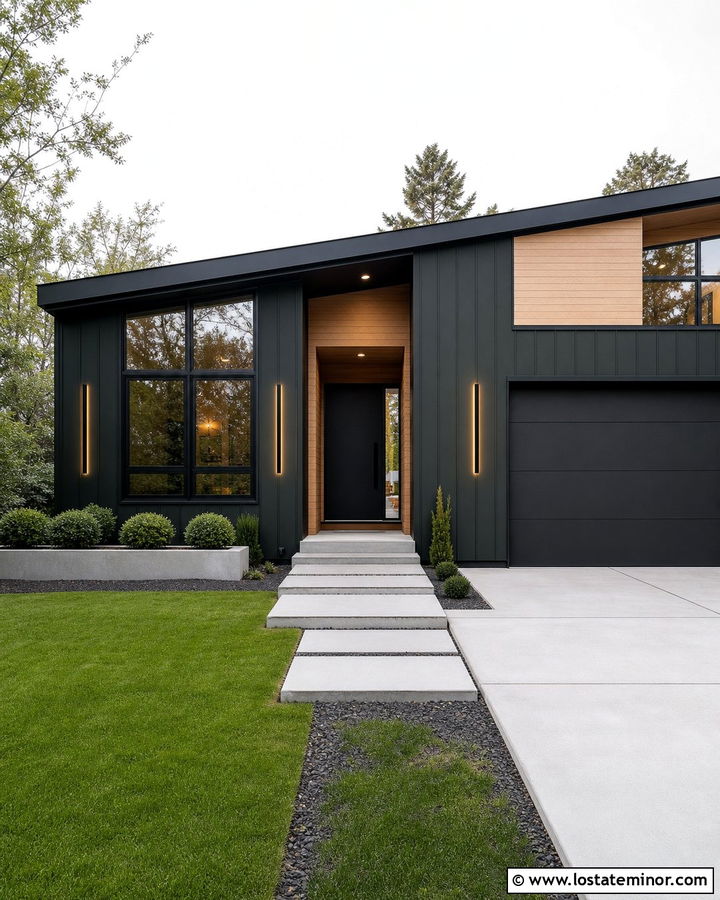 Forest Green Modern House With Linear Lights - 30 Forest Green House Design With Light Fixtures Ideas