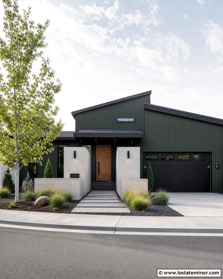 Forest Green Modern House With Minimal Landscaping - 30 Forest Green House Design With Front Yard Ideas