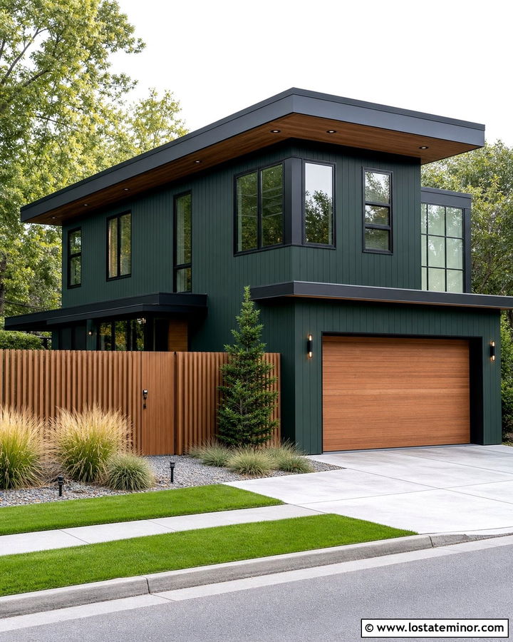 Forest Green Modern House With Slatted Cedar Fence - 30 Forest Green House Design With Fence Ideas