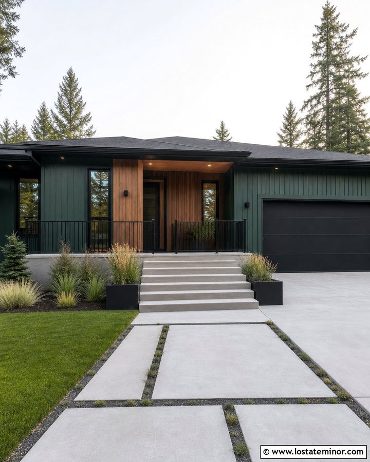 Forest Green Modern House With Vertical Metal Railings - 30 Forest Green House Design With Railings Ideas