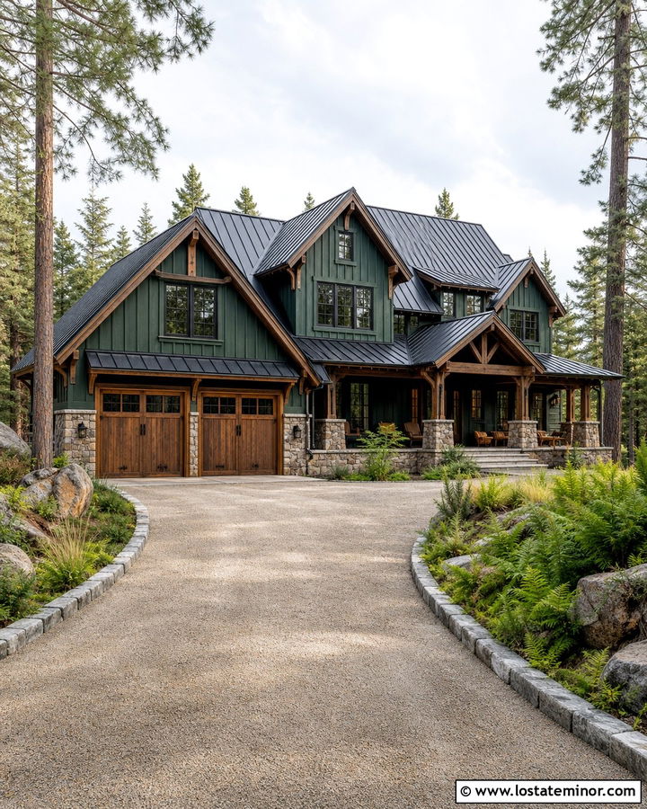 Forest Green Mountain House With Crushed Granite Driveway - 30 Forest Green House Design With Driveway Ideas