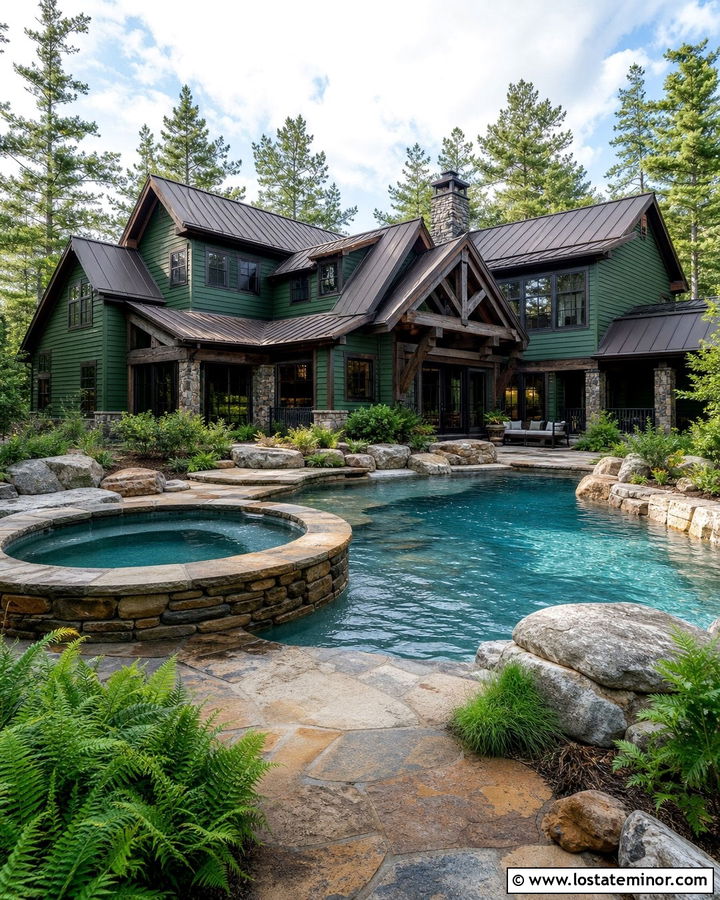 Forest Green Mountain House With Freeform Pool - 30 Forest Green House Design With Swimming Pool Ideas