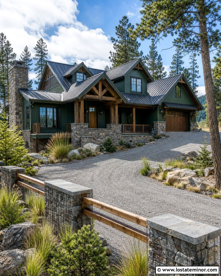 Forest Green Mountain House With Gabion Fence - 30 Forest Green House Design With Fence Ideas