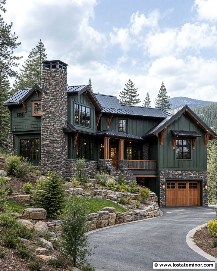 Forest Green Mountain House With Ledgestone Chimney - 30 Forest Green House Design With Chimney Ideas