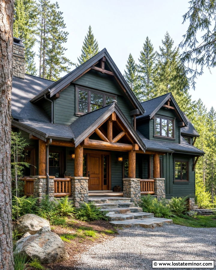 Forest Green Mountain House With Log Railings - 30 Forest Green House Design With Railings Ideas